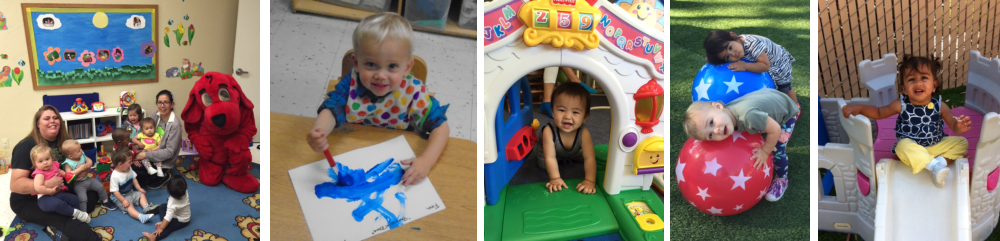 Infants and toddlers enjoying classroom activities, painting, and outdoor play at Happy Minds Kids Academy